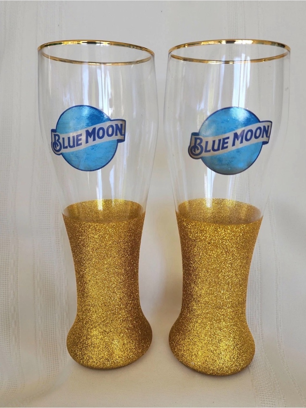Blue Moon Pilsner Glass with Blue Logo Gold Rim and Gold Glitter Bottom